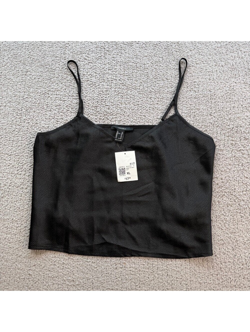 Forever 21 Black Textured Satin V Neck Cami Crop Top XL NWT